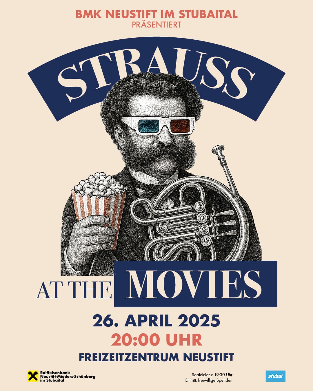 Plakat zum Frühjahrskonzert 2025 der BMK Neustift unter dem Motto Strauss at the Movies