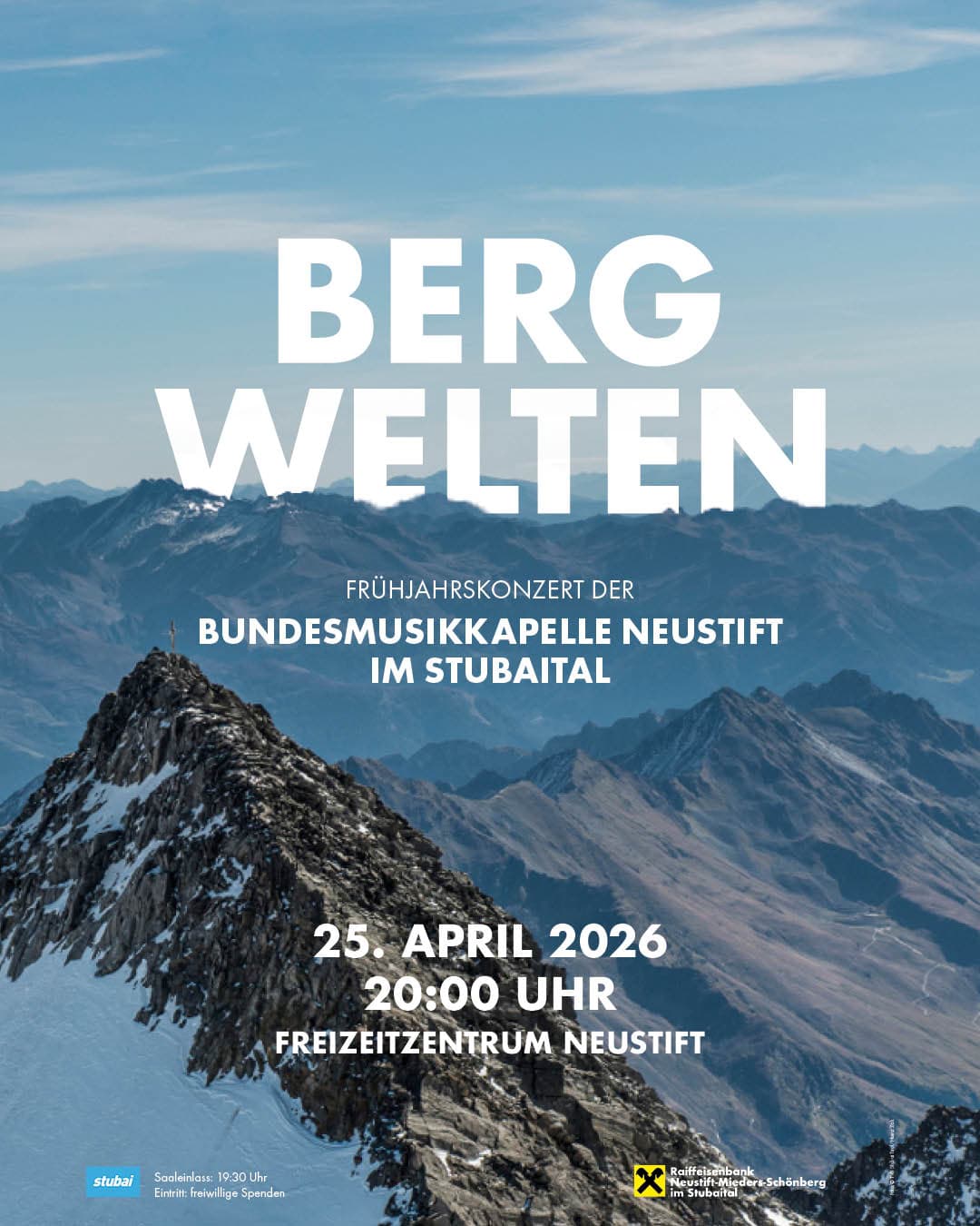 Plakat zum Frühjahrskonzert 2026 der BMK Neustift unter dem Motto Bergwelten